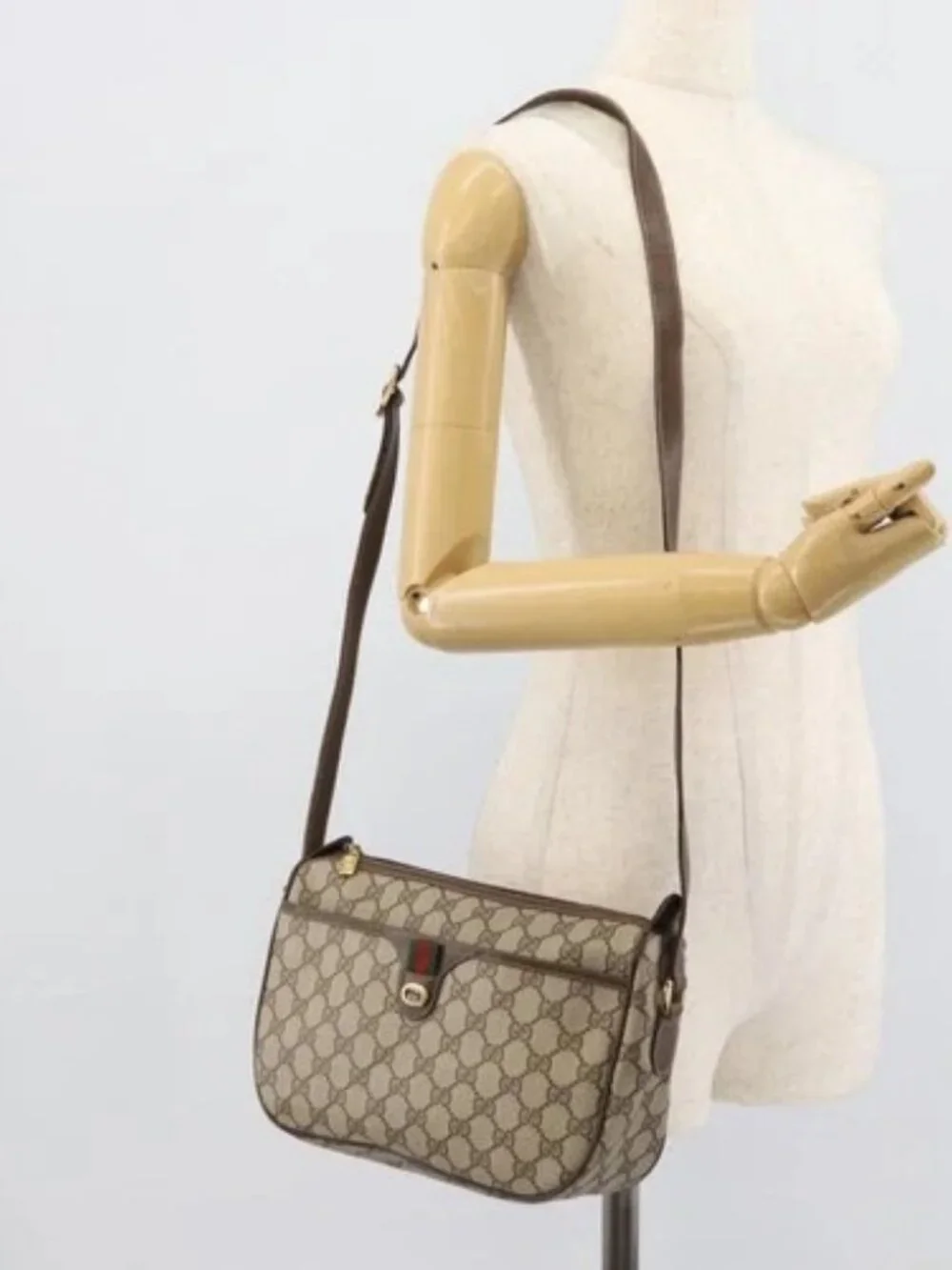 GUCCI GG Supreme Web Sherry Line Bag PVC Beige Gold 89 02 077 Auth ep15007
